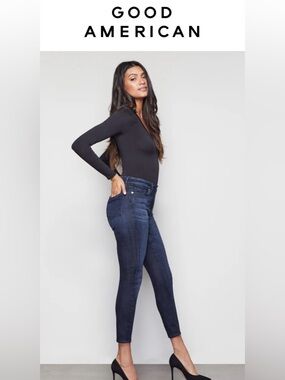 Good American Dark Blue Denim “Good Waist” Crop Jeans size 4/27